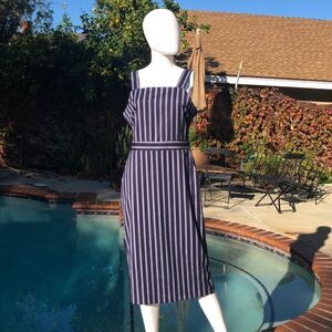 First Monday Navy White Striped A-line Dress Sz M